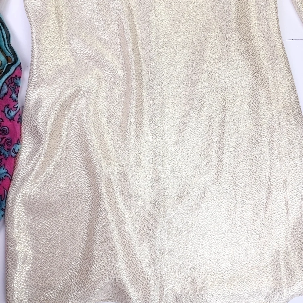 New Sail to Sable Silk Metallic Gold Blue Detailing Dress Sz 4 - Picture 8 of 14